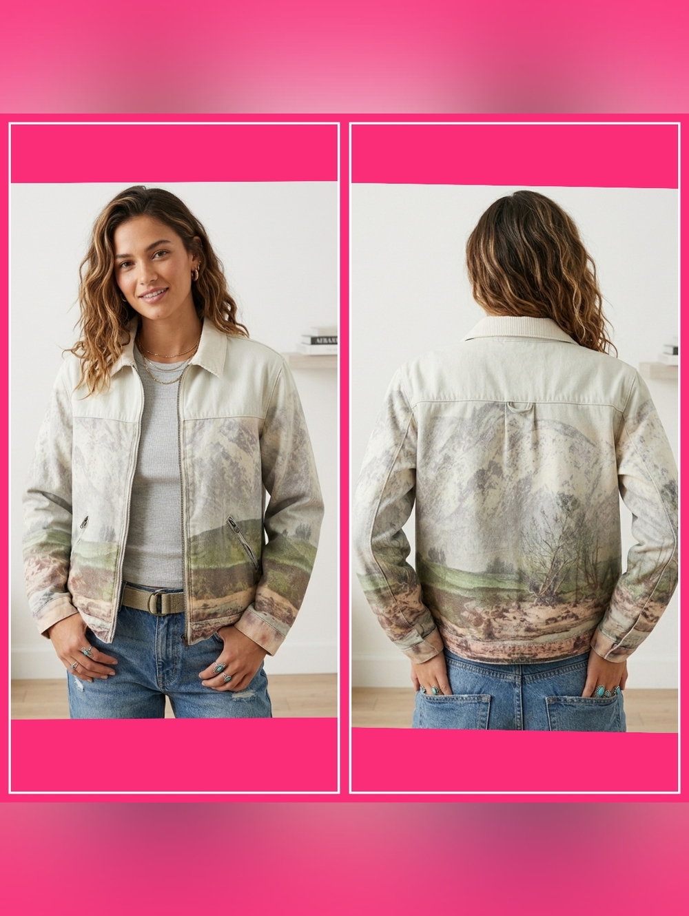 PacSun Los Angeles Mountain Landscape Print Quilted Denim Jacket Bomber Zip Up